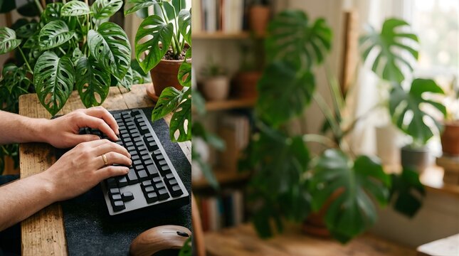 Man typing on a mechanical keyboard at a wooden desk with tropical plants