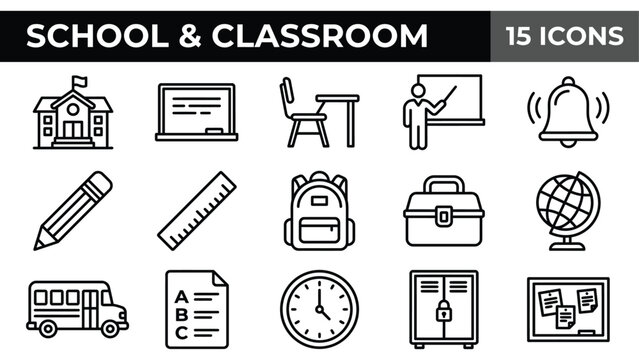 School icons, classroom icons, education icons, line art