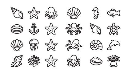 Marine Life and Nautical Symbols Outline Icon Collection © MD