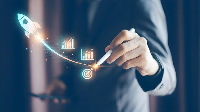 Businessman interacting with digital startup graph and rocket icon