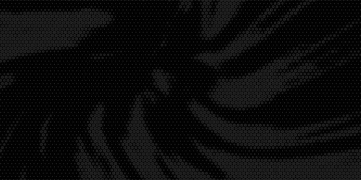 Black abstract halftone background with dark wavy pattern. Modern futuristic geometric dots texture for banner, wallpaper, and creative digital design.