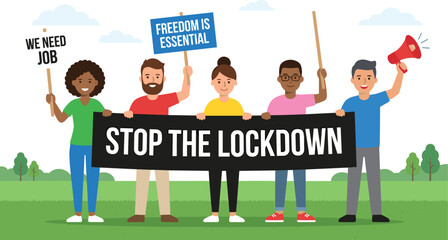 People protesting against lockdown vector illustration with social activists holding banners for freedom jobs and public rights © NURUL