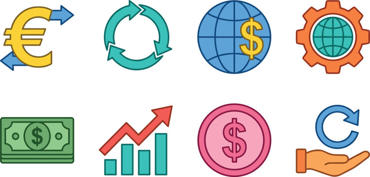 Financial Business Icon Collection Featuring Currency Exchange Growth Investment Banking and Global Economy Vector Illustration Set