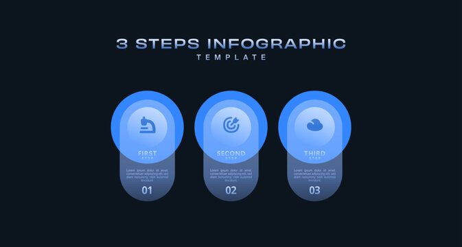 Dark minimal infographic template with gradient icons and 3 step workflow diagram. Modern vector layout for business presentation, flowchart, marketing report, digital strategy, Digital Style Pack Pro