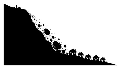 Fototapeta premium Landslide with falling rocks threatening small village houses in minimalist vector style