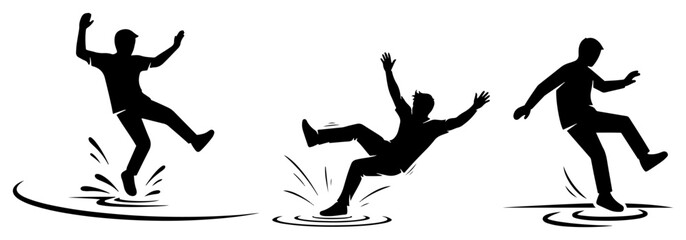 Slipping on wet floor silhouettes showing people falling down in flat black and white vector style © Camel