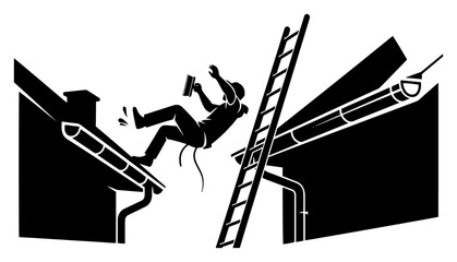 Falling from ladder construction accident silhouette showing man tripping off roof in flat black and white vector style © Camel