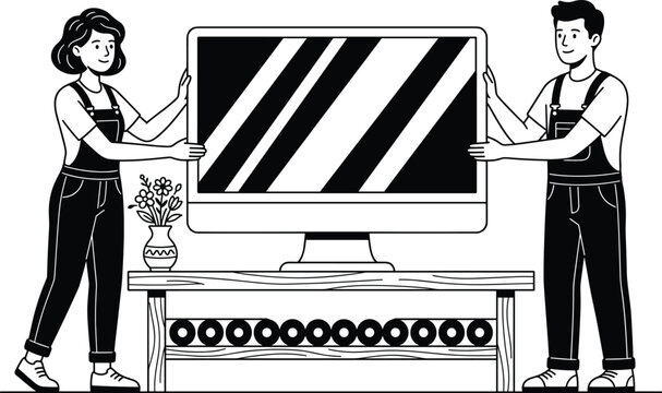 Technicians installing large television in living room line art vector illustration concept
