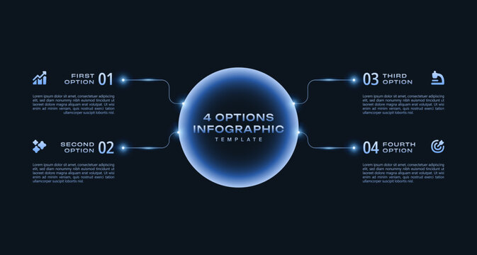 Modern vector infographic label with 4 circular steps, blue gradient workflow template, futuristic presentation layout, business process diagram, and clean digital design.