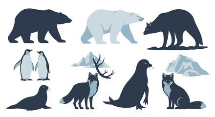 Arctic wildlife icons featuring polar bears penguins seals and arctic foxes with snowy mountains © Pabitra
