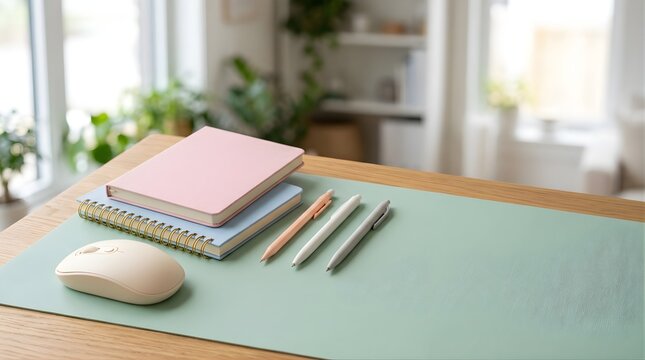 Organized desk setup with notebooks and pens on a mint green mat