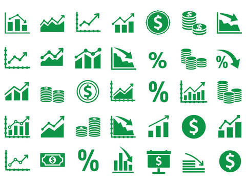 Green finance icons set including money statistics and growth symbols