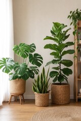 Fototapeta premium Lush indoor tropical plants collection in woven baskets on wooden floor, bright natural light, modern minimalist home decor with soft beige rug and neutral wall backdrop