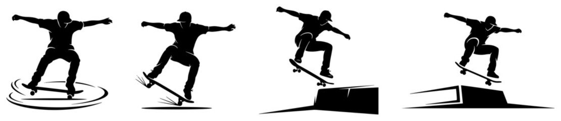 Skateboarders performing extreme street tricks on ramps in black and white vector silhouette style © Camel