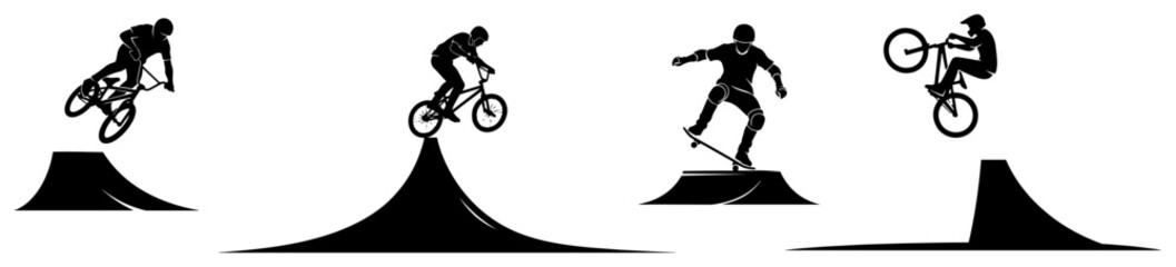 Naklejka premium BMX riders and skateboarders jumping on ramps and dirt hills in black and white vector silhouette style