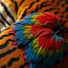 Obraz premium colorful parrot feathers and tiger skin