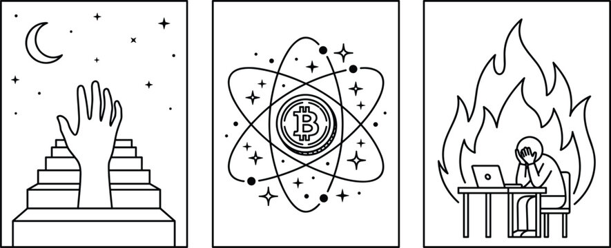 Abstract surreal poster collection with cryptocurrency, staircase and burnout concepts vector illustration set