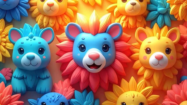 Playful colorful animal faces surrounded by flower-like details