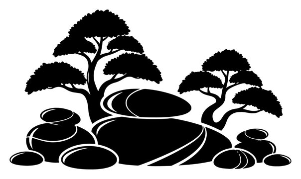 Zen garden landscape with bonsai trees and balanced stones in black and white vector silhouette style