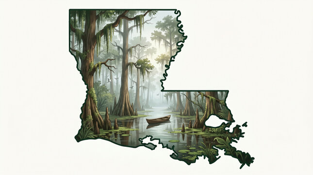Louisiana State Map Outline with Cypress Swamp and Bayou Landscape Illustration for Travel