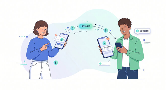 Online Mobile Money Transfer Sending and Receiving Funds Illustration