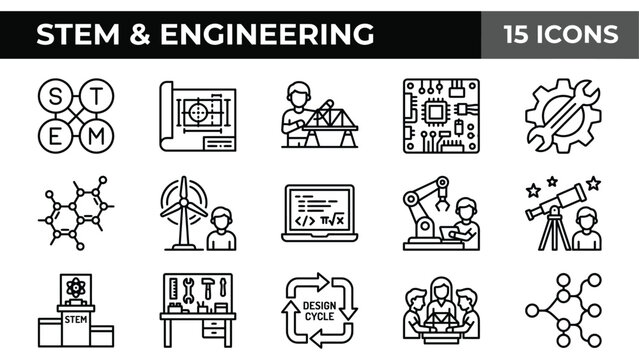 STEM education icon set, black line art on white background