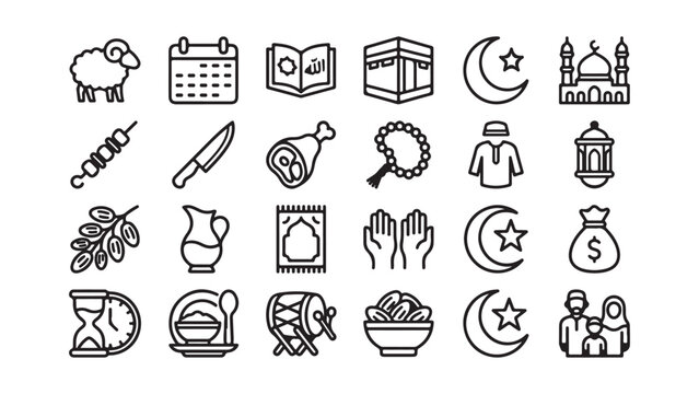Ramadan Kareem Islamic Tradition Line Art Icons