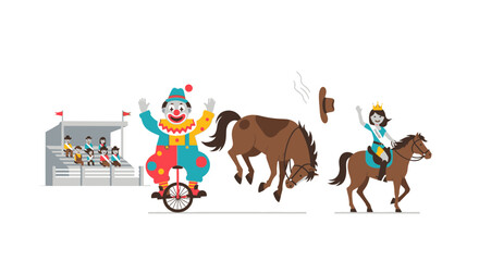 Circus Clown on Unicycle, Bucking Horse, and Rodeo Queen on Horseback © zian