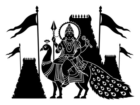 Lord Kartikeya riding peacock with temple flags and sacred spear in black and white silhouette style