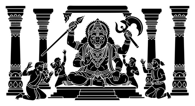 Lord Narasimha sitting in ancient temple with praying devotees in black and white silhouette style