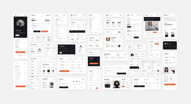 The collage showcases a comprehensive web application design template featuring various UI elements and layouts.