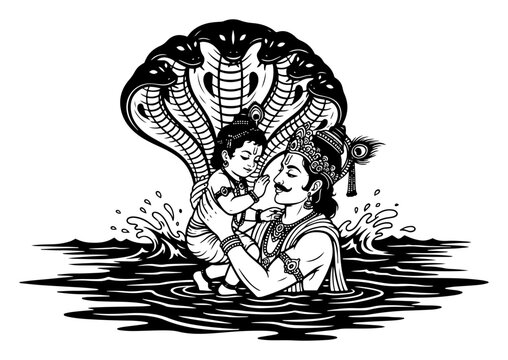 Father carrying divine baby across river protected by multi headed snake in black and white graphic style