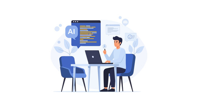 Man sitting at a table with a laptop and magnifying glass surrounded by AI-related graphics and plants