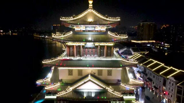 Illuminated Tengwang Pavilion at Night in Nanchang, China in Tengwang Pavilion, Nanchang, Jiangxi, China