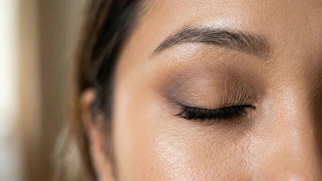 Soft light highlights calm closed eyes with natural makeup glow