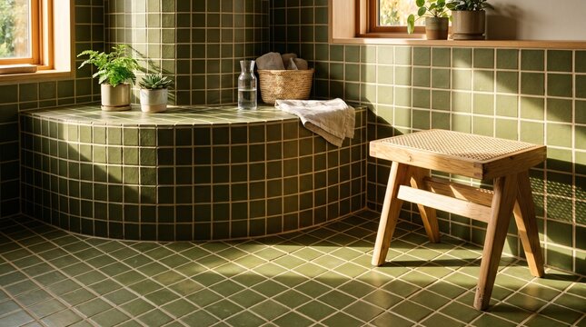 Interior characterized by its green tile work and wooden furniture, curved pedestal, natural light