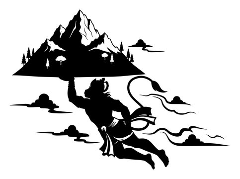 Lord Hanuman flying while carrying the Dronagiri mountain peak silhouette vector illustration