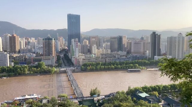 Lanzhou Skyline and Yellow River at Sunset in Gansu China in Lanzhou, Gansu, China