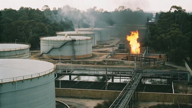Fire on flare stack at refinery oil and gas central processing platform while burning toxic and release over pressure. gas flare at an oil refinery factory industrial. Aerial view.