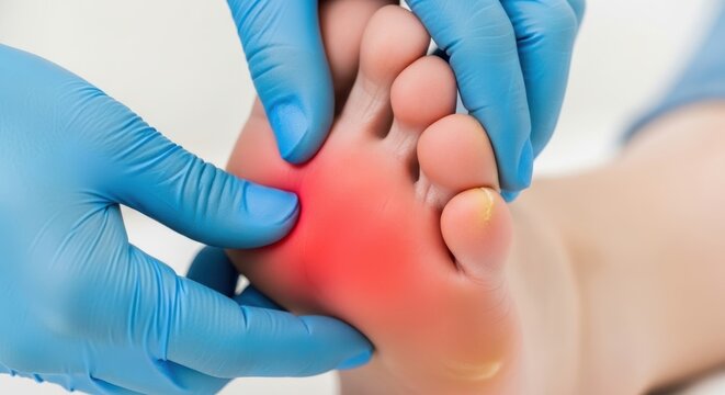 Doctor examining painful foot with red inflamed area, highlighting podiatry and foot health.