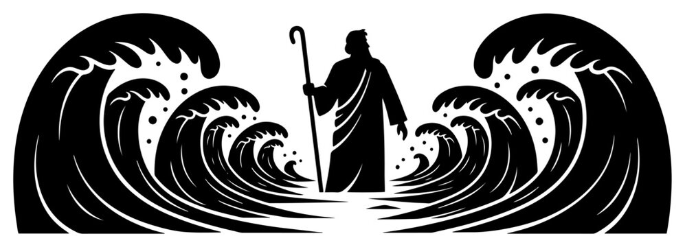 Moses parting the red sea waves during the exodus silhouette vector