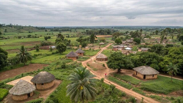Aerial view of Ghana village rural community, in the subregion of West Africa
