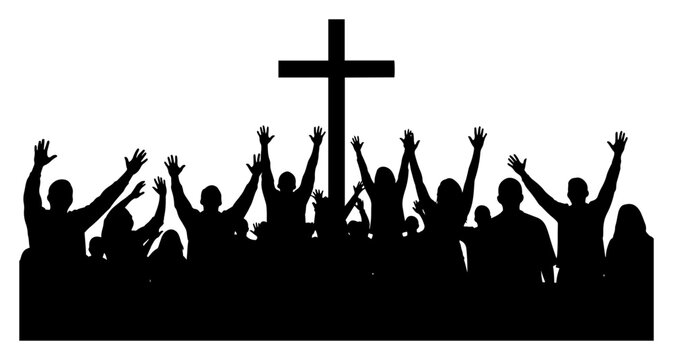 Crowd of people worshipping and praying in front of a Christian cross in silhouette style
