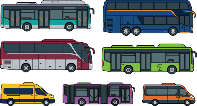 Vector Illustration Set of Public Transport Vehicles Including City Bus Double Decker Coach Electric Bus and Articulated Shuttle
