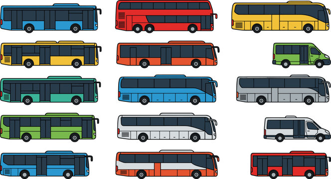 Comprehensive Vector Illustration Set of Public Transport Vehicles Including City Buses Double Decker Coaches and Passenger Shuttle Vans