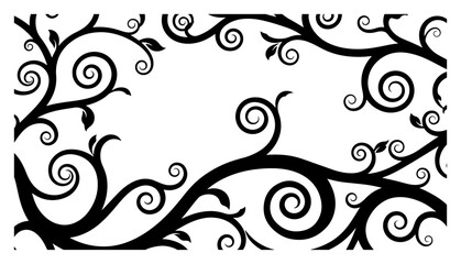 Fototapeta premium Decorative tree branch with swirls and delicate leaves silhouette vector art