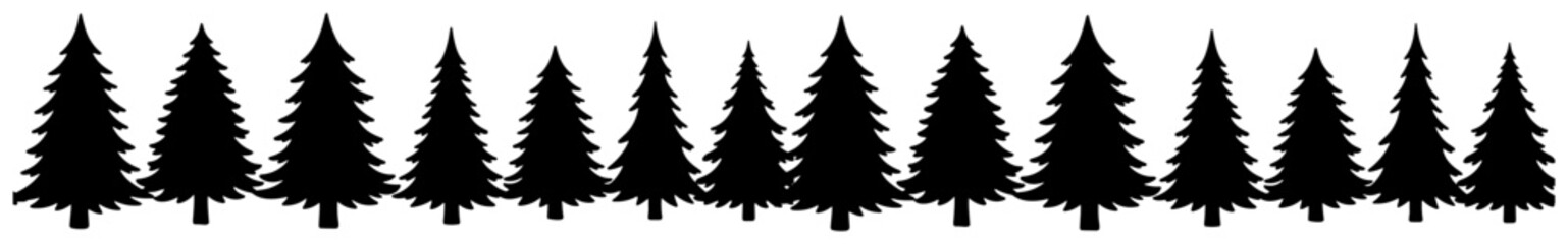 Obraz premium Fir tree forest border with evergreen pine silhouettes vector art