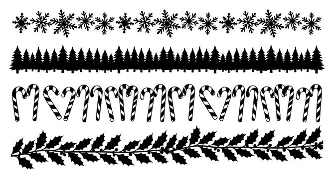 Christmas borders with snowflakes fir trees candy canes and holly leaves silhouette vector set