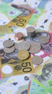 Australia, Australian paper money and coins, cash for financial transactions and deals. Australian dollars as a business background for your design