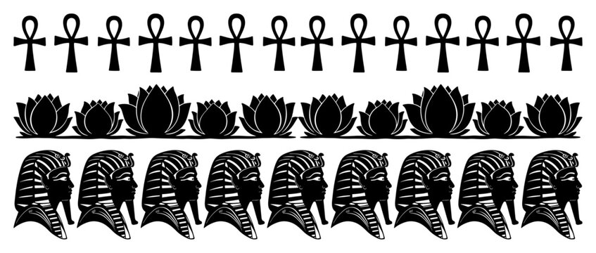 Ancient Egyptian borders with pharaoh heads ankh symbols and lotus flowers in black and white style